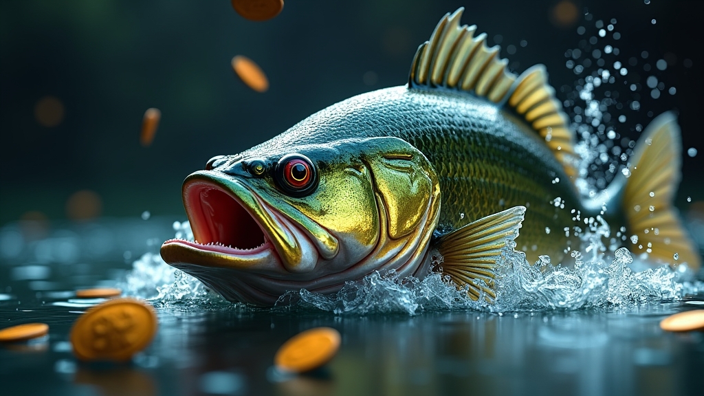 Close-up of fishing slot reels with fish, coins and splash animations