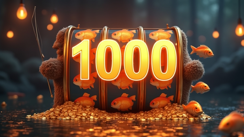 Fishing slot bonus scene with jackpot-style numbers and glowing reels in a casino