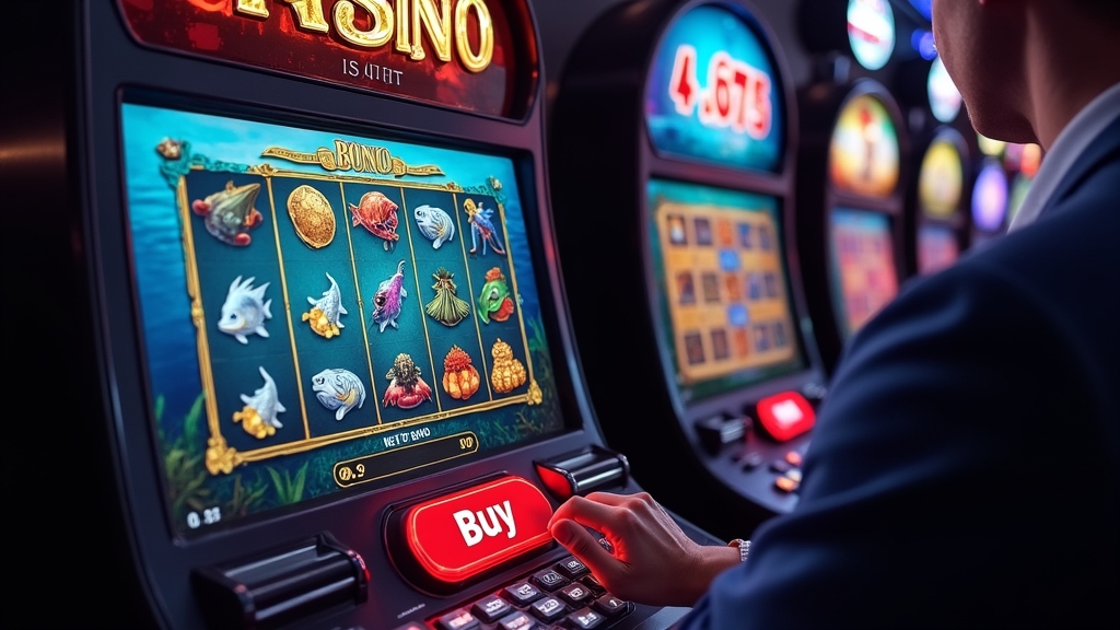 Slot machine screen showing bonus buy options and fishing-themed reels in a dark casino