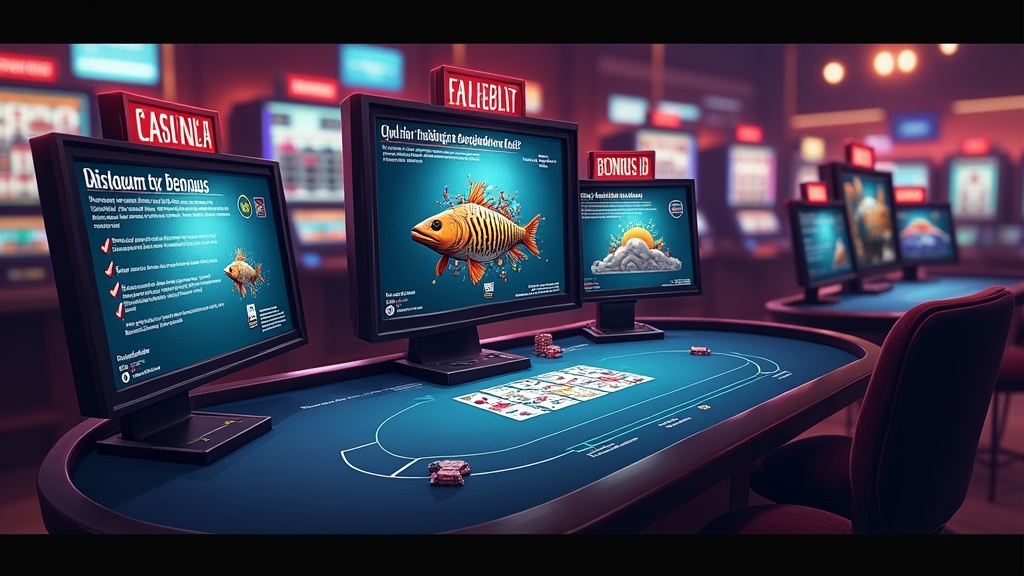 Casino bonus eligibility checklist beside fishing slot imagery and verification icons