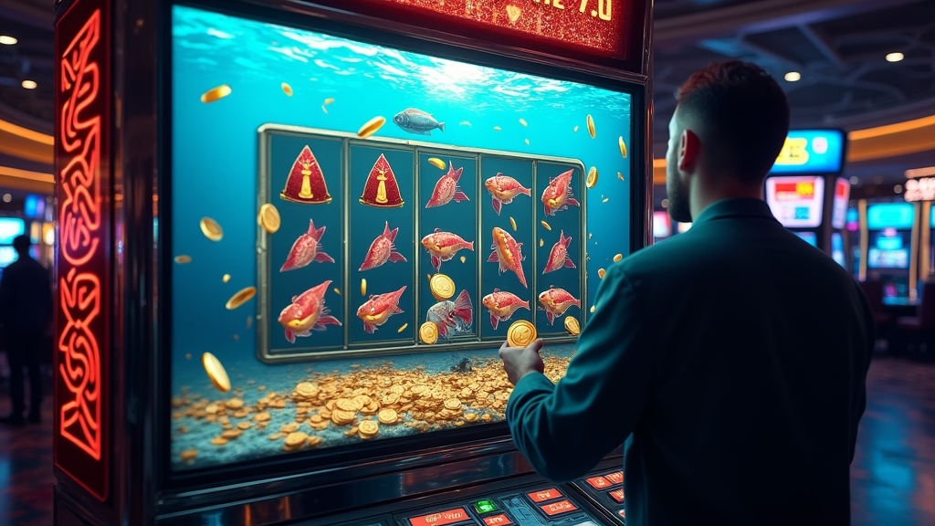 Fishing slot reels with a fisherman collecting coins in a dark casino
