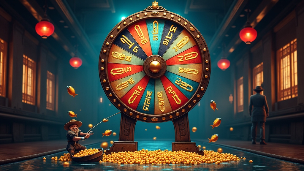 Fishing slot free spins feature with glowing bonus symbols in a dark casino