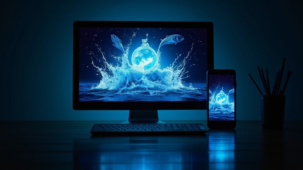 Desktop and smartphone showing the fishing slot demo in a dark casino setting