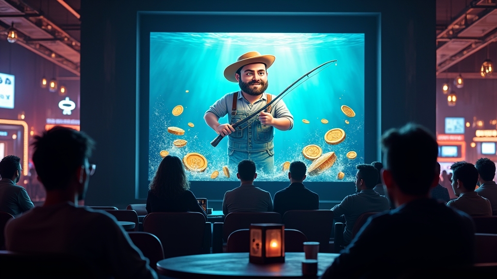 Players watching a bright fishing slot demo in a dark casino lounge